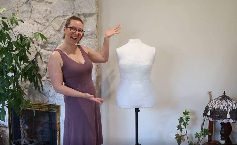 Load video: BespokeForm's collab video with the Stitchery where she uses the custom dressform to make a dress out of a tube of fabric!